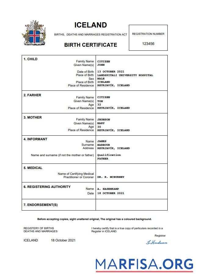 Realistic Iceland birth certificate Word and PDF real example